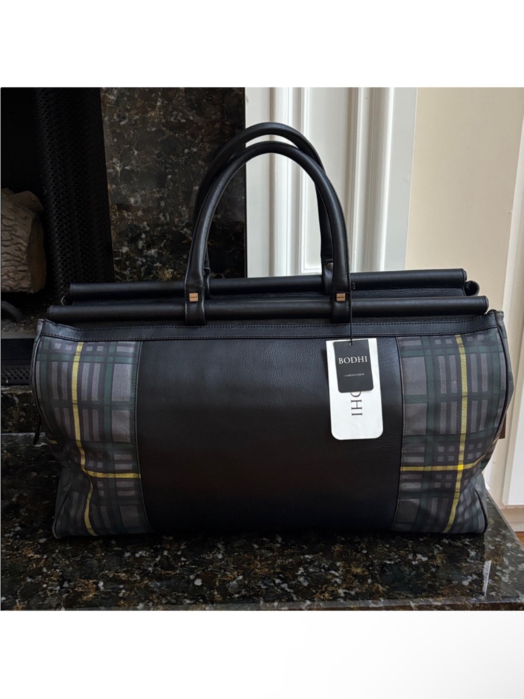 Bodhi Leather Coated Linen Trim Weekender Overnight Duffel Gray Plaid Bag
